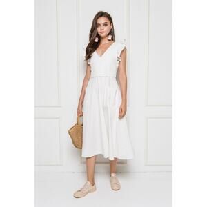 Starivy Women White Tie Waist Fluttery V-neck Midi Dress Medium Cotton Cottage